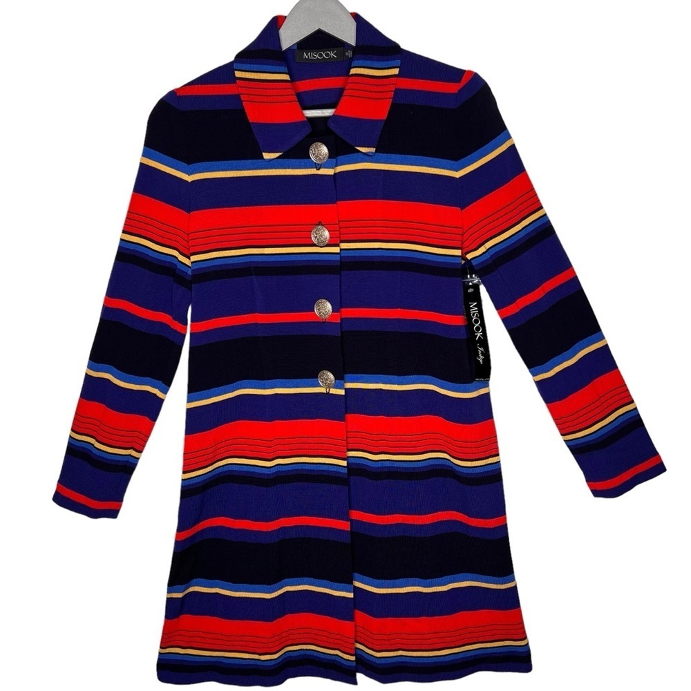 Mislook Striped Color Block Tailored Long Knit Jacket Size M NWT Chunky Button